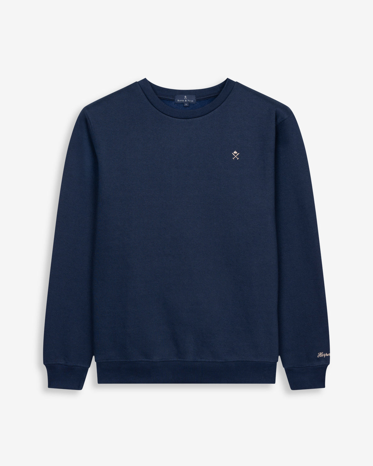 Sudadera ICON de Harper & Neyer en azul marino, vista frontal minimalista con logo bordado en tono crudo