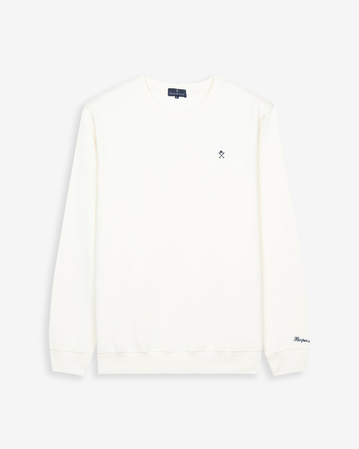Sudadera ICON de Harper & Neyer en crudo, vista frontal minimalista con logo bordado pequeño en el pecho