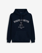 Sudadera MANCHESTER de Harper & Neyer en azul marino, vista frontal con capucha, estampado Harper Neyer arqueado y oso Arthur Teddy bordado