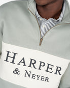 Detalle de la media cremallera dorada y logo Harper Neyer bordado en azul marino sobre panel crudo de la sudadera MARYLAND