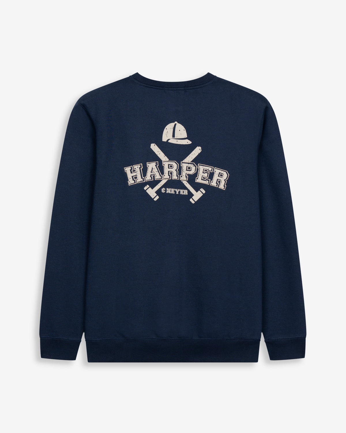 Sudadera MICHIGAN de Harper & Neyer en azul marino, vista trasera con estampado vintage grande de casco y mazos en crudo
