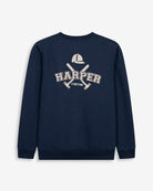 Sudadera MICHIGAN de Harper & Neyer en azul marino, vista trasera con estampado vintage grande de casco y mazos en crudo
