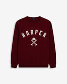 Sudadera NEW ENGLAND de Harper & Neyer en burdeos, vista frontal con HARPER varsity y casco de polo en appliqué crudo