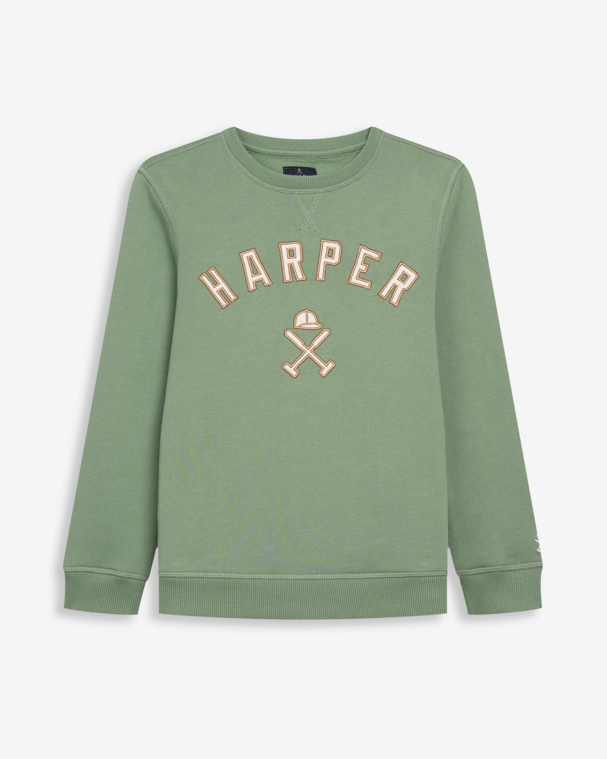 Sudadera NEW ENGLAND KIDS verde salvia de Harper & Neyer, vista frontal con appliqué HARPER y logo en el pecho