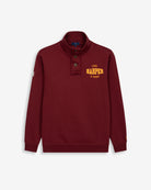 Sudadera RAVENS de Harper & Neyer en burdeos, vista frontal con cuello alto abotonado y bordado varsity 1985 Harper Neyer en mostaza