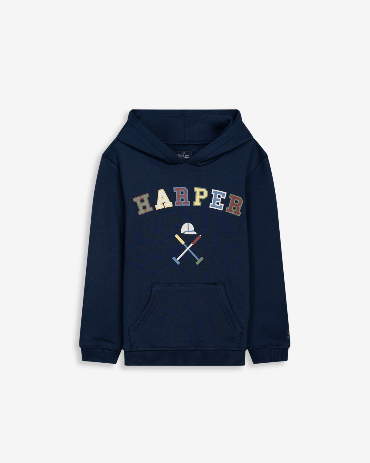 Sudadera RETRO HOODIE KIDS azul marino con capucha de Harper & Neyer, vista frontal con estampado HARPER multicolor