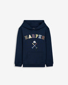 Sudadera RETRO HOODIE KIDS azul marino con capucha de Harper & Neyer, vista frontal con estampado HARPER multicolor
