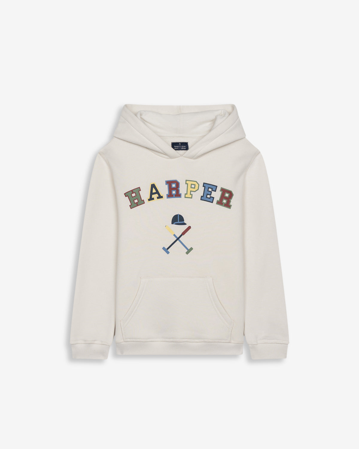 Sudadera RETRO HOODIE KIDS crudo con capucha de Harper & Neyer, vista frontal con estampado HARPER multicolor