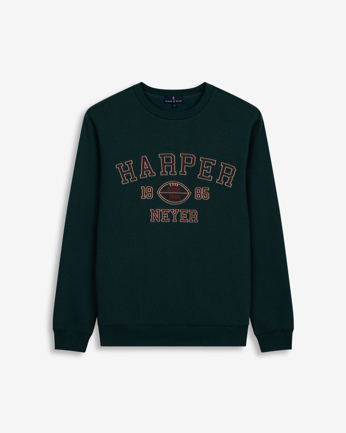 Sudadera RUGBY de Harper & Neyer en verde botella, vista frontal con estampado varsity Harper Neyer 1985