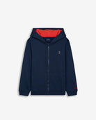 Sudadera SKI KIDS azul marino con capucha y cremallera de Harper & Neyer, vista frontal con logo bordado y forro rojo
