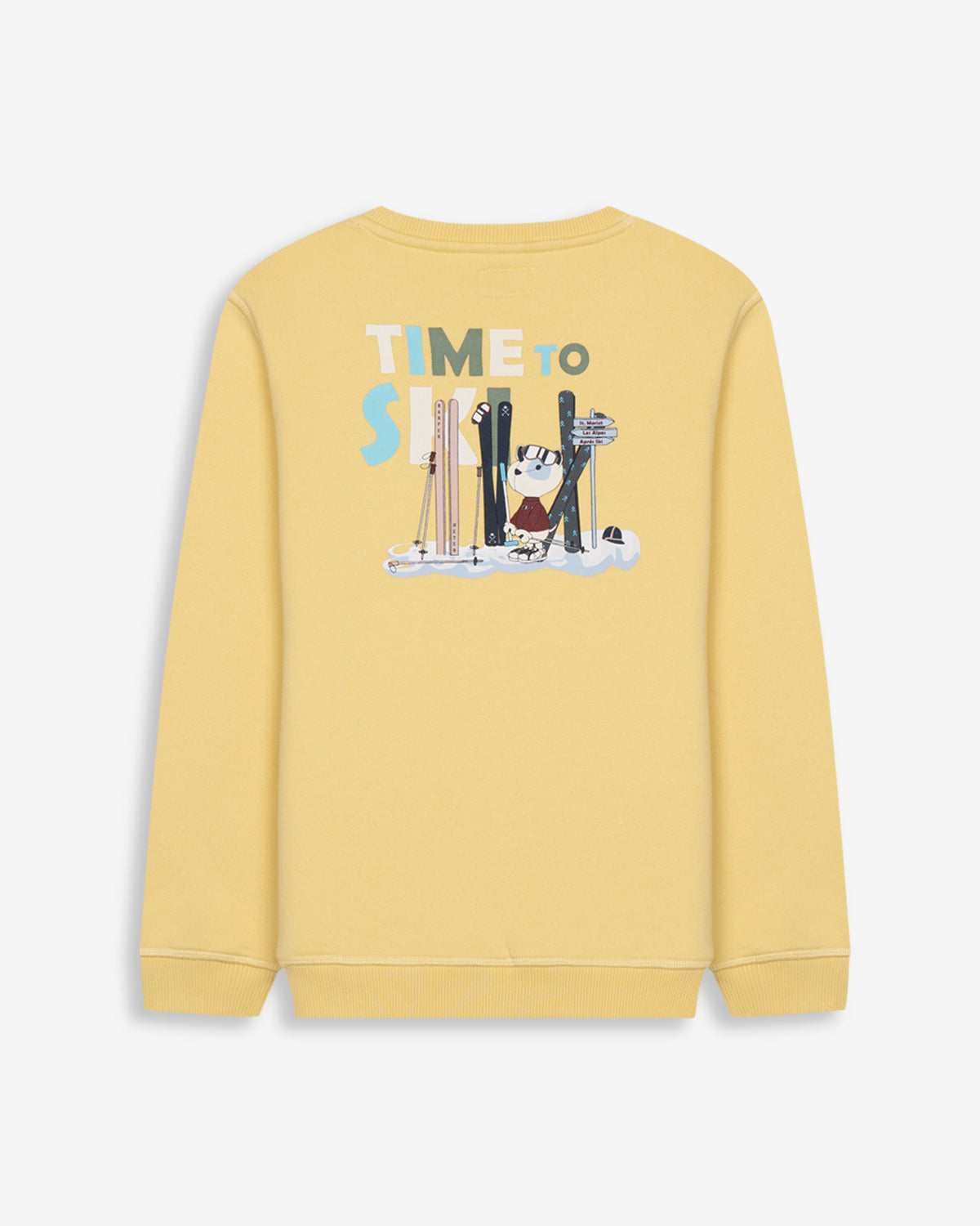 Sudadera SNOWDRIFT KIDS de Harper & Neyer en amarillo suave, vista trasera con estampado Time to Ski y oso polar