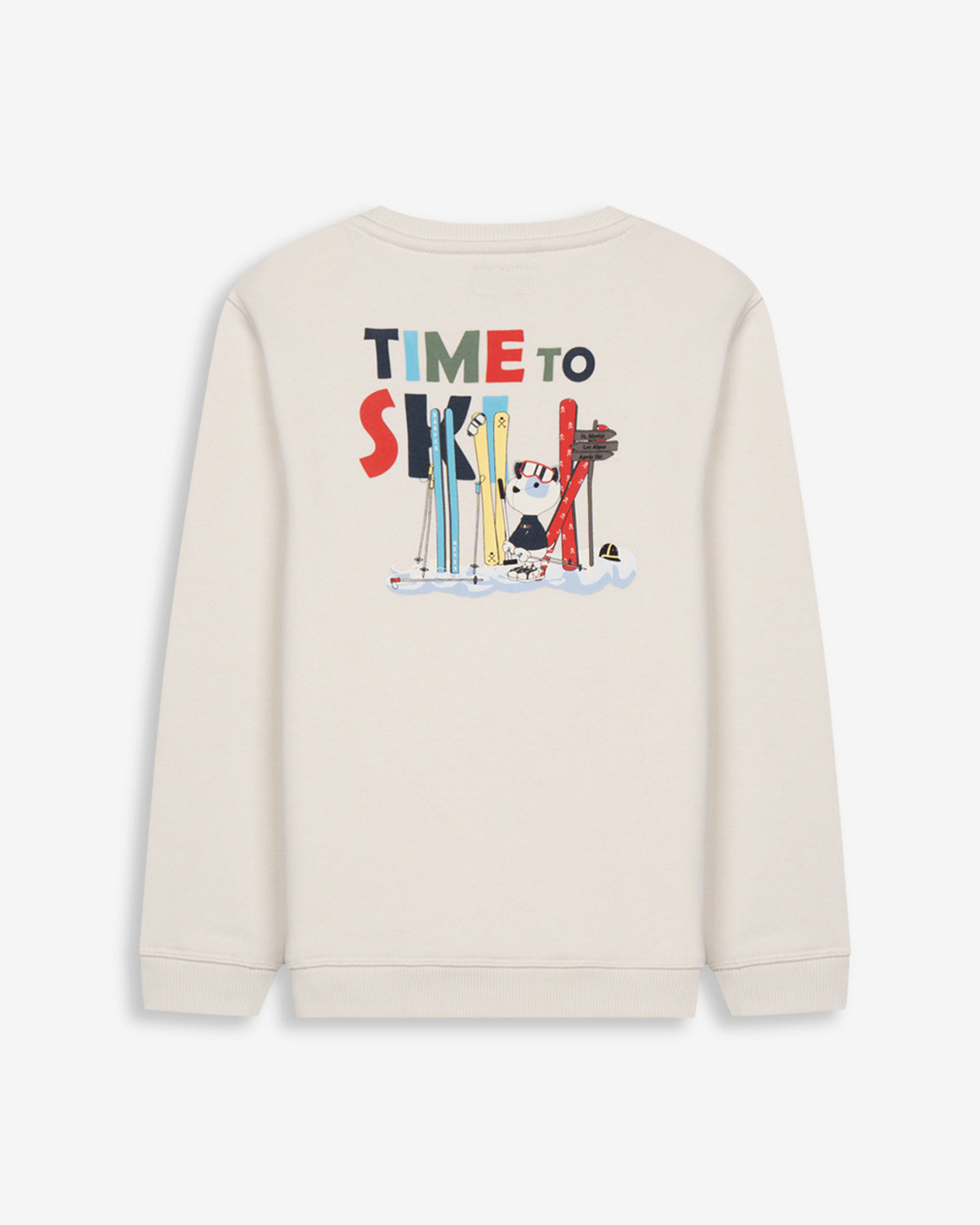 Sudadera SNOWDRIFT KIDS de Harper & Neyer en crudo, vista trasera con estampado Time to Ski y oso polar