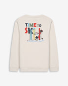 Sudadera SNOWDRIFT KIDS de Harper & Neyer en crudo, vista trasera con estampado Time to Ski y oso polar