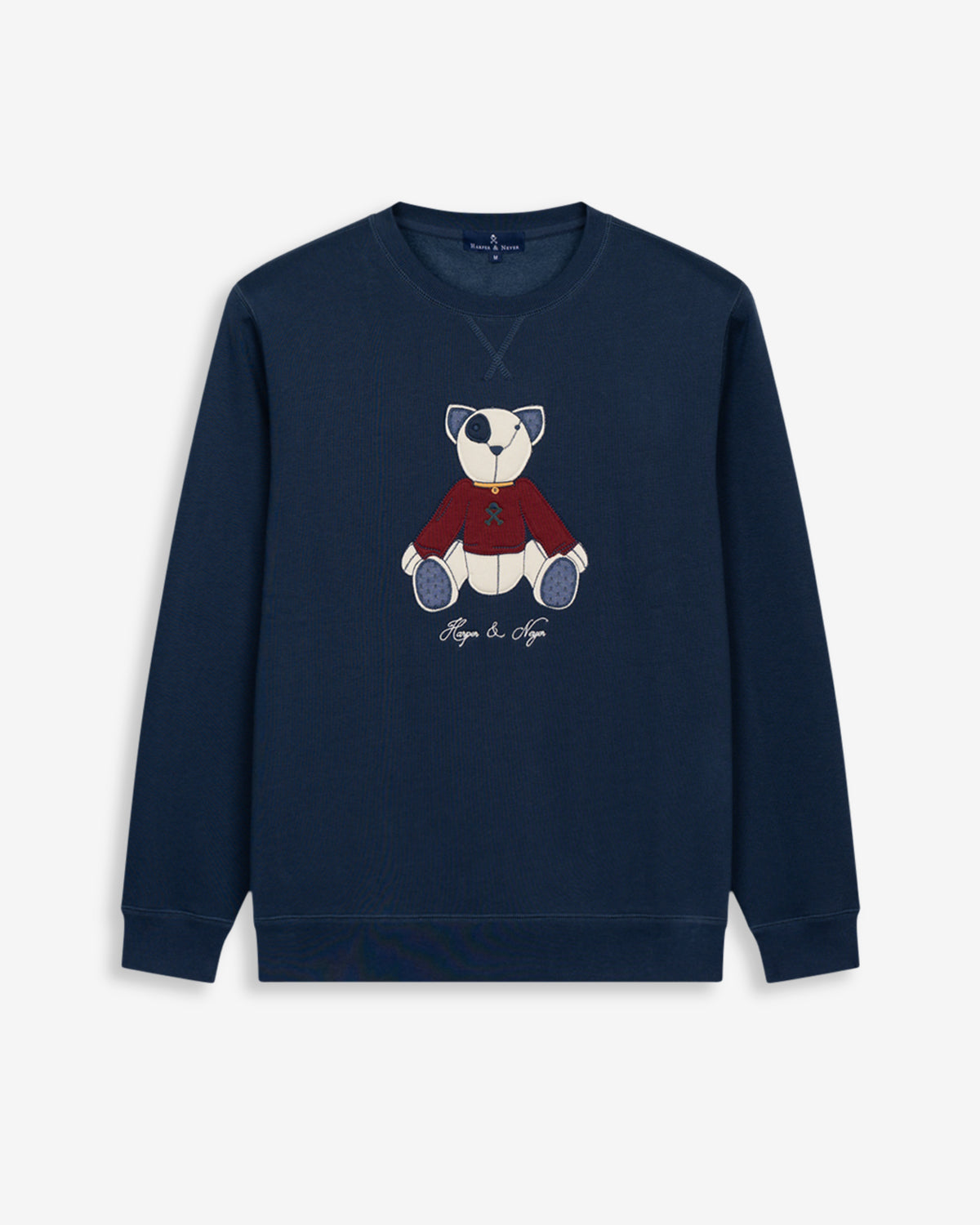 Sudadera TEDDY de Harper & Neyer en azul marino, vista frontal con appliqué del oso Harper & Neyer
