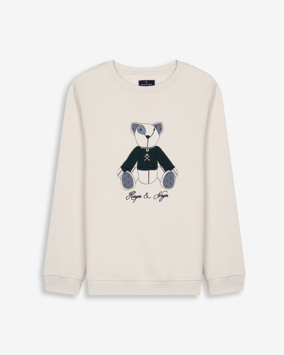 Sudadera TEDDY KIDS crudo de Harper & Neyer, vista frontal con appliqué de oso de peluche y firma bordada