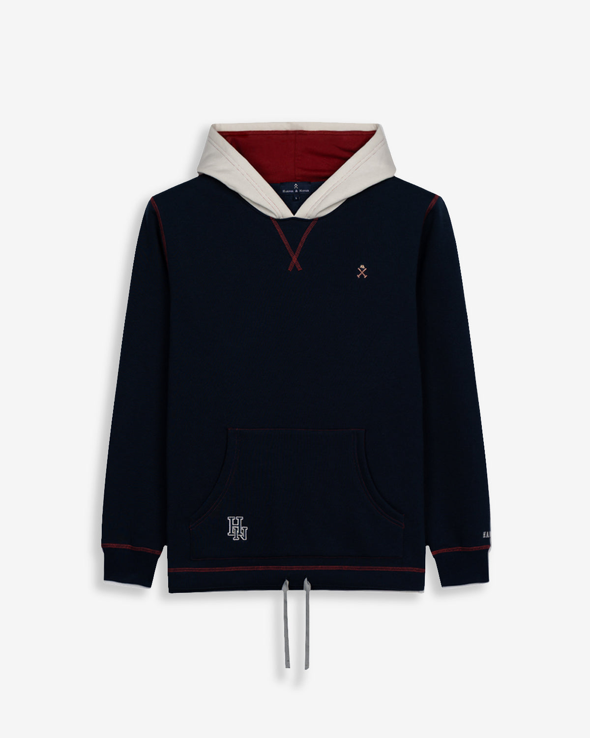 Sudadera TEENNESSEE de Harper & Neyer en azul marino, vista frontal con capucha bicolor crudo y burdeos, bolsillo canguro con HH bordado