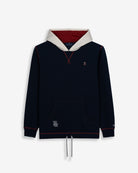 Sudadera TEENNESSEE de Harper & Neyer en azul marino, vista frontal con capucha bicolor crudo y burdeos, bolsillo canguro con HH bordado