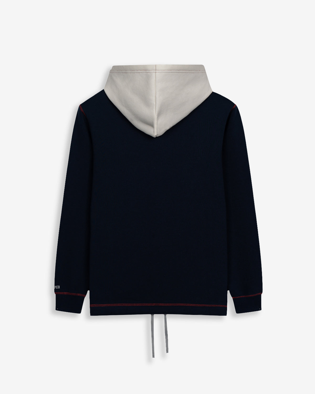 Sudadera TEENNESSEE de Harper & Neyer en azul marino, vista trasera con capucha crudo y costuras contrastadas en burdeos