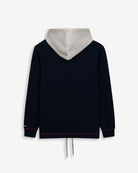 Sudadera TEENNESSEE de Harper & Neyer en azul marino, vista trasera con capucha crudo y costuras contrastadas en burdeos