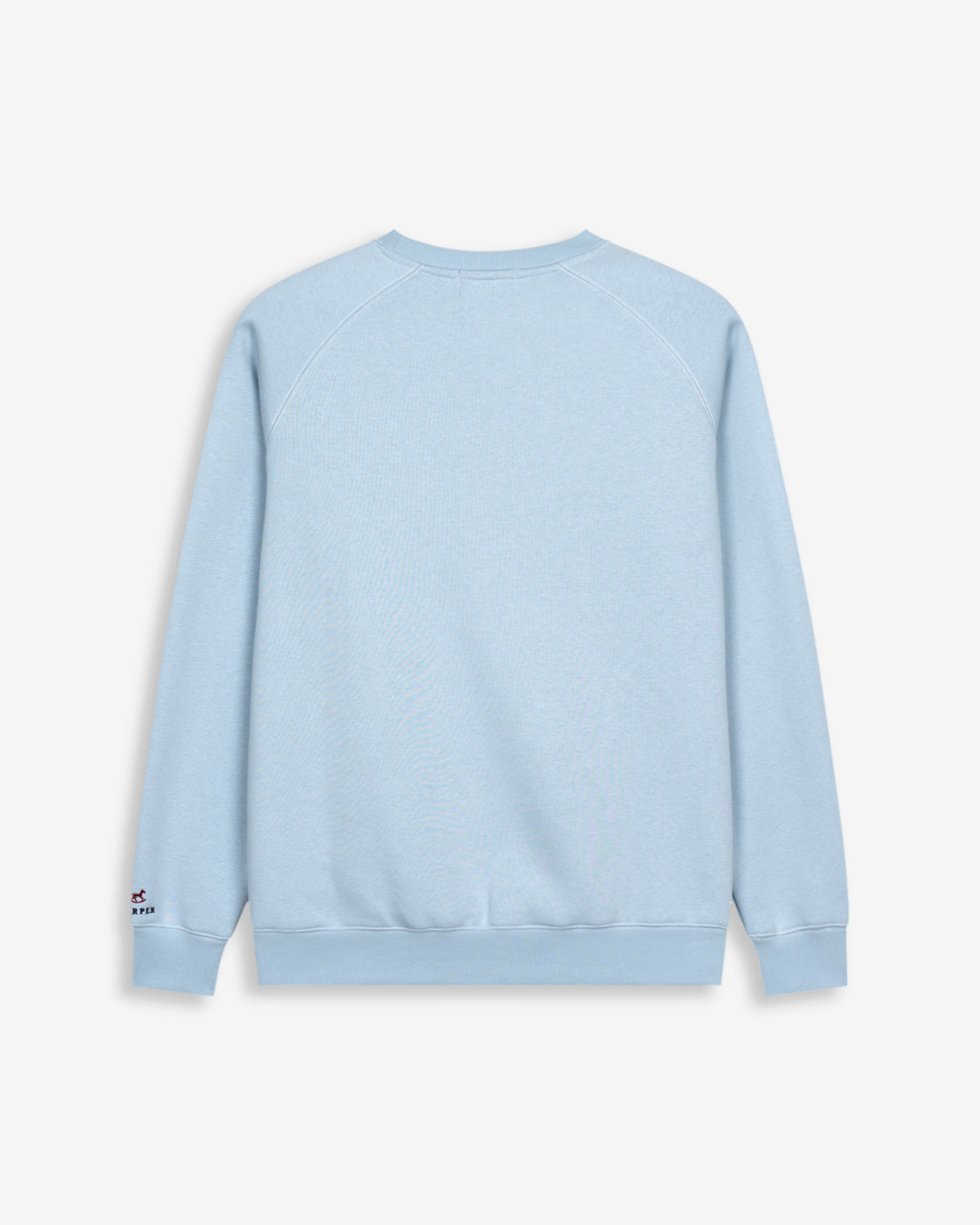 Sudadera VICTORY en algodón azul cielo de Harper & Neyer, bodegón trasero con firma HARPER en el puño