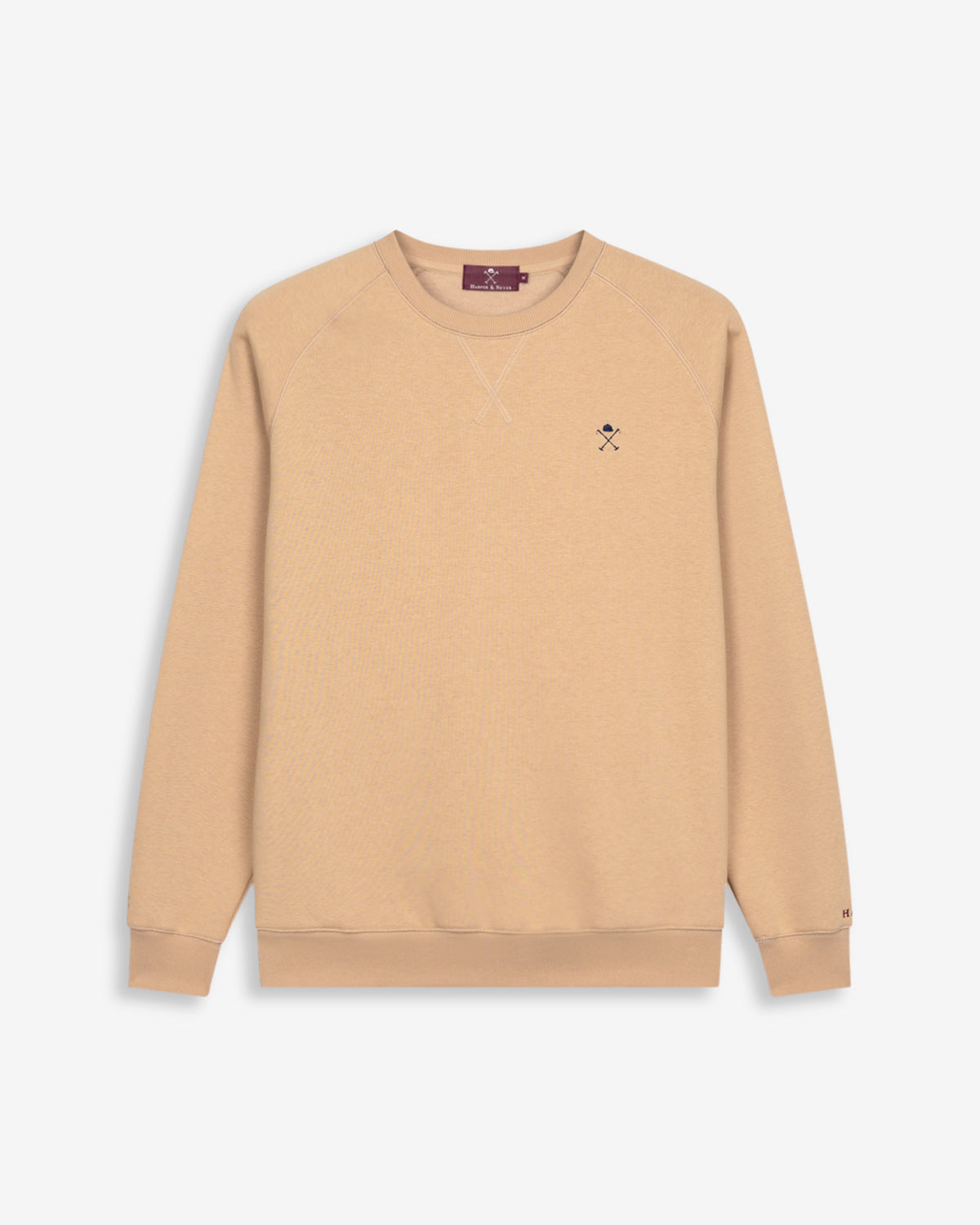 Sudadera VICTORY de Harper & Neyer en algodón camel, bodegón frontal con manga ranglan y firma en el puño