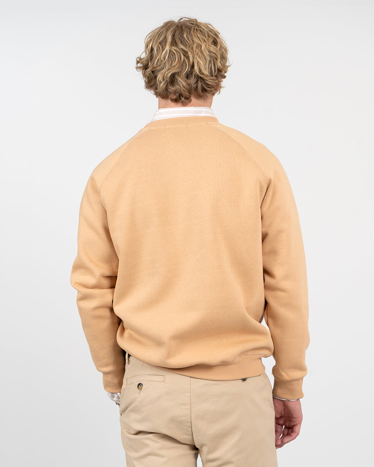 Sudadera VICTORY en algodón camel de Harper & Neyer, vista trasera con manga ranglan sobre camisa de rayas